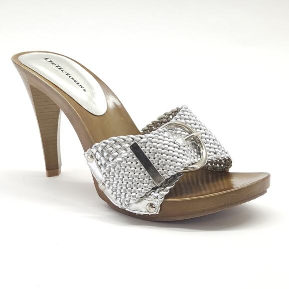 Vtg Y2K Delicious Slide Mule 7 Silver Woven High Heel Buckle Studs Retro 70s 90s - Picture 1 of 7